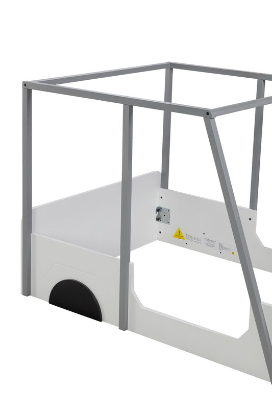 Twin Size Car Shaped Bed With Roof,Wooden Twin Floor Bed With Wheels And Door Design,Montessori Inspired Bedroom,Grey Twin Grey American Design Pine