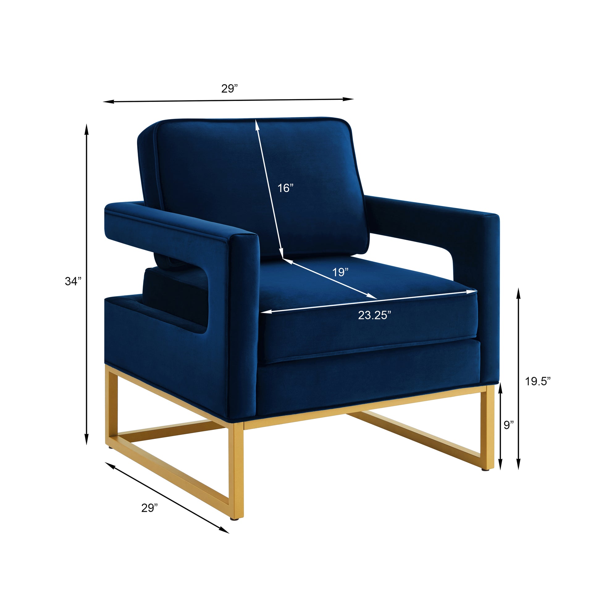 Modern Style Accent Chair With Gold Metal Basevelvet Upholstered Leisure Chair With Open Armrest, Armchair, Navy Navy Primary Living Space Modern Foam Velvet