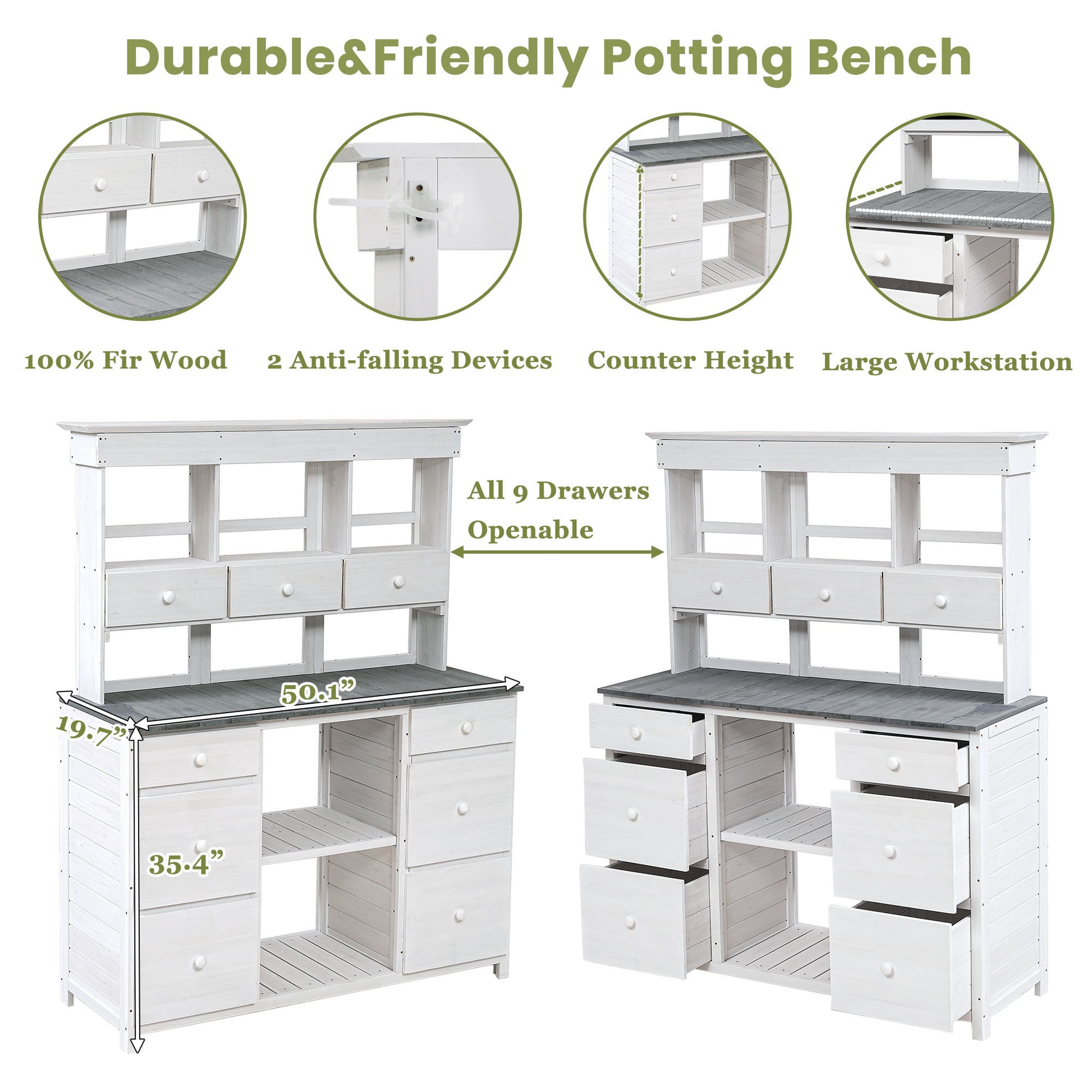 Garden Potting Bench Table, Rustic And Sleek Design With Multiple Drawers And Shelves For Storage, White And Gray White Gray Garden & Outdoor Rustic Wood