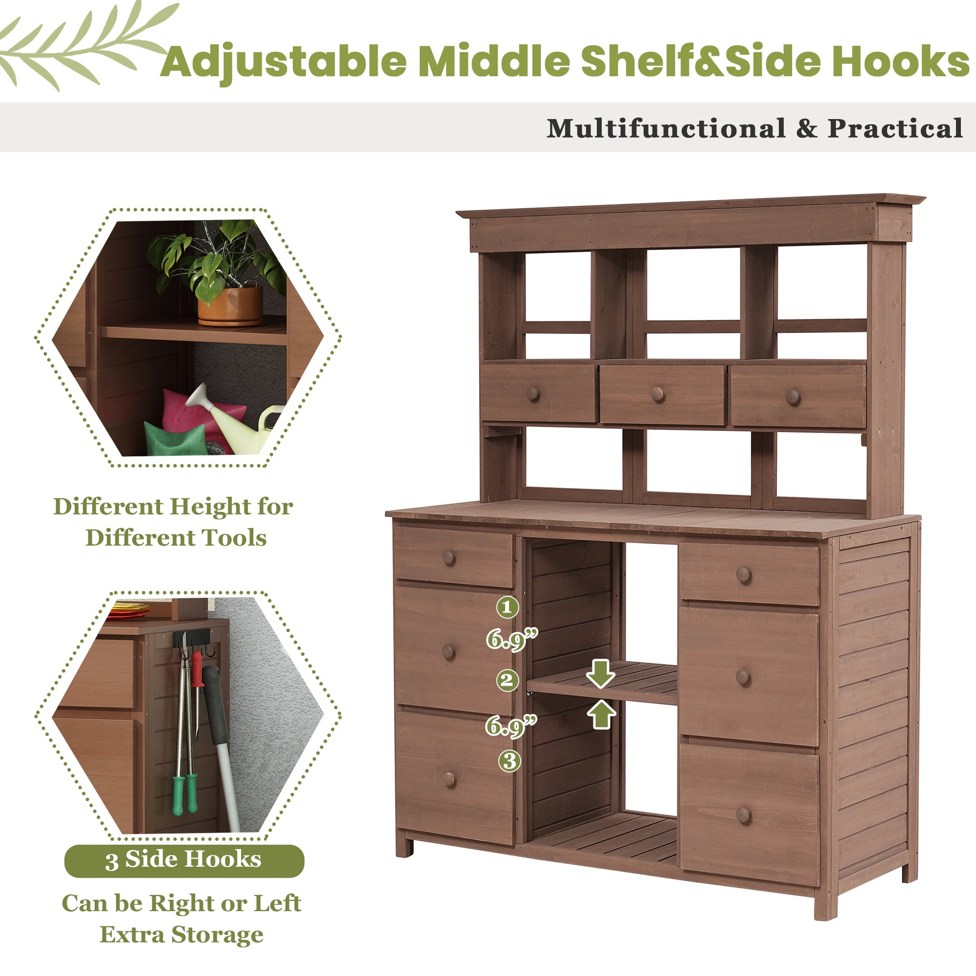 Garden Potting Bench Table, Rustic And Sleek Design With Multiple Drawers And Shelves For Storage, Brown Brown Garden & Outdoor Rustic Wood