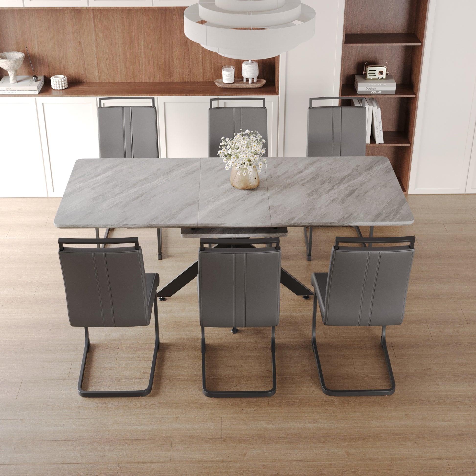 Scalable Dining Table Table Set For 6 8 Person For Dining Room,C Shaped Tube Soft Padded Armless Dining Chairs And Very Large Dining Room Table Kitchen Table Chair Set With Metal Legs Grey Mdf Metal