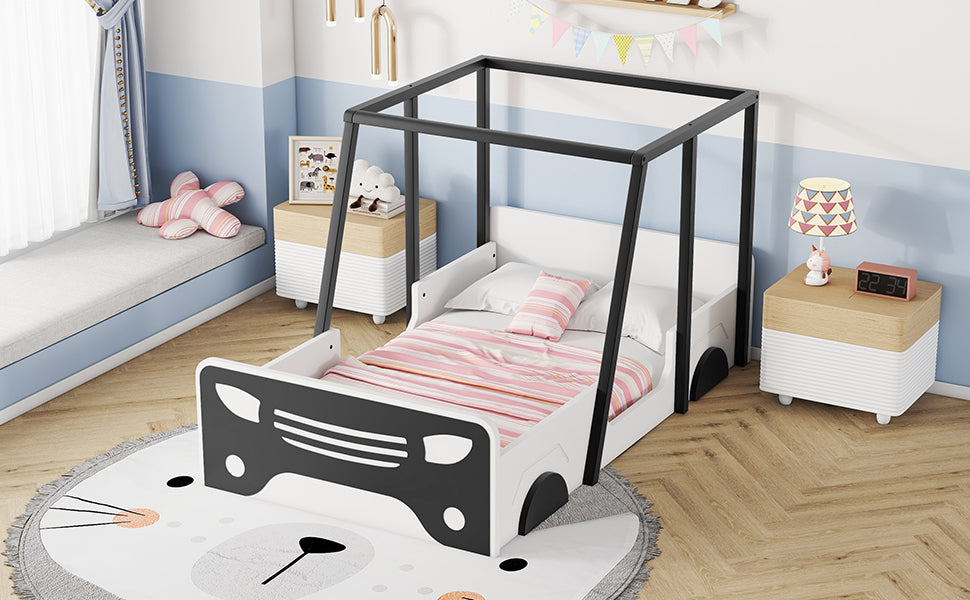 Twin Size Car Shaped Bed With Roof,Wooden Twin Floor Bed With Wheels And Door Design,Montessori Inspired Bedroom,Black Twin Black American Design Pine