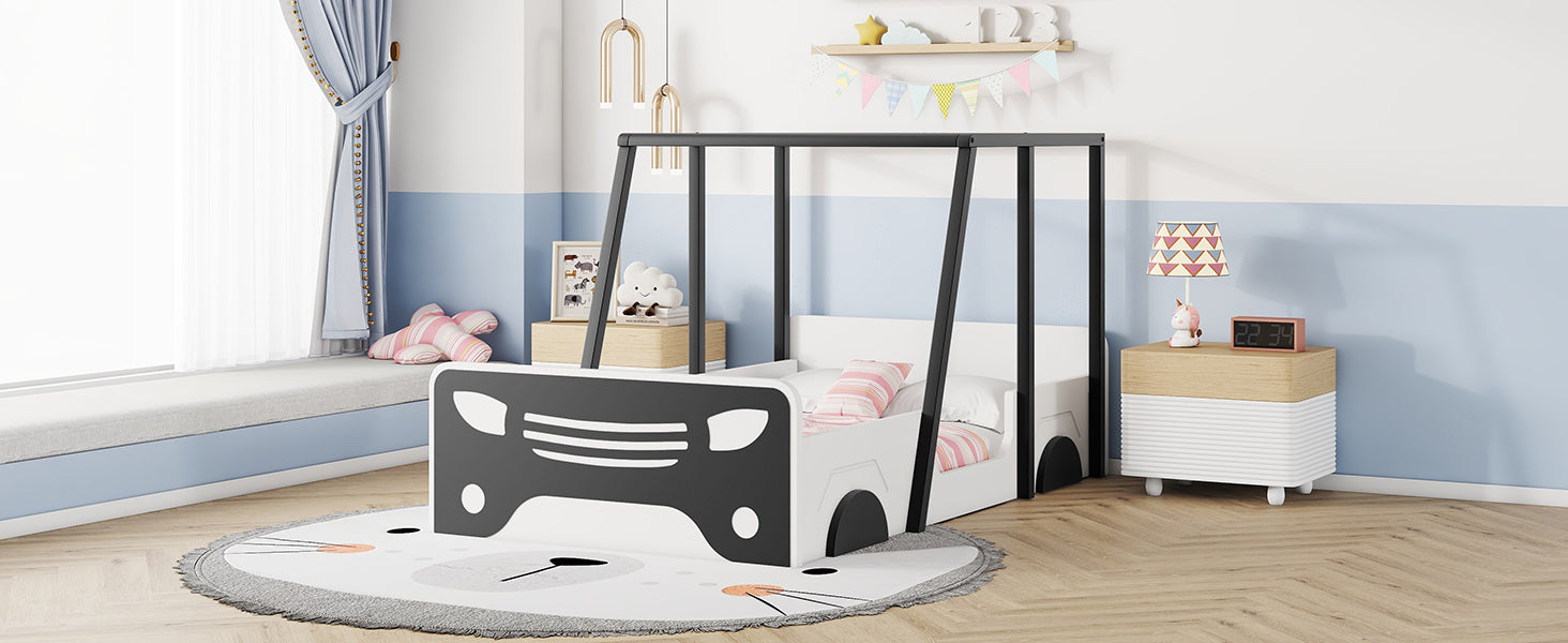 Twin Size Car Shaped Bed With Roof,Wooden Twin Floor Bed With Wheels And Door Design,Montessori Inspired Bedroom,Black Twin Black American Design Pine