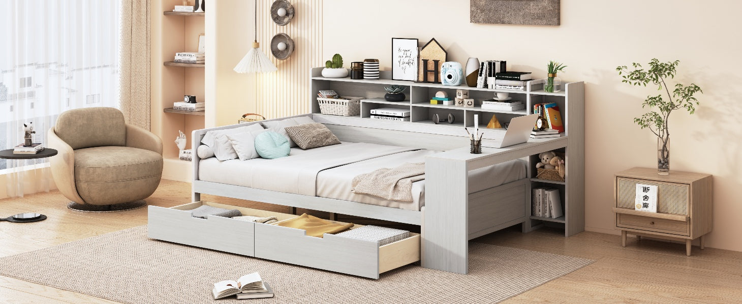 Wooden Full Size Daybed With Storage Shelves, Multi Functional Bed With Two Storage Drawers And Study Desk, Antique White Old Sku: Hl000089Aak Full Antique White Wood