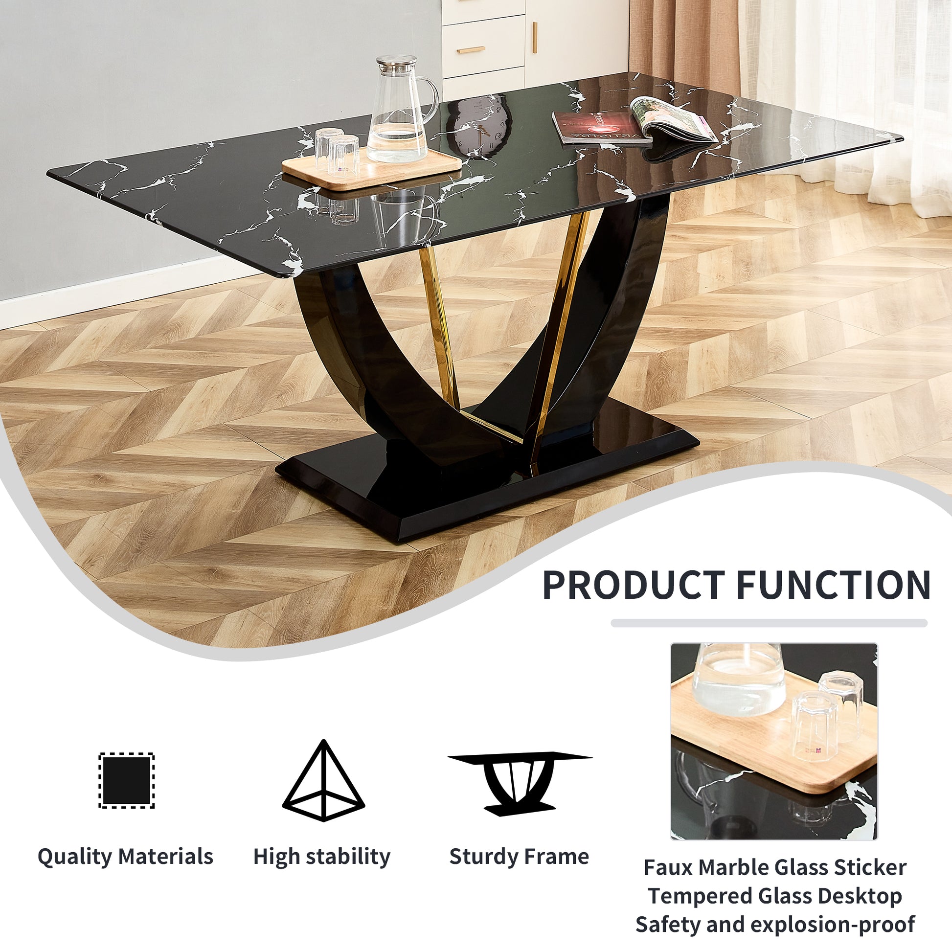 Modern Minimalist And Luxurious Black Imitation Marble Texture Dining Table Rectangular Office Desk.Game Desk .Desk.For Dining Room, Living Room, Terrace, Kitchen F 907 Black Mdf Glass