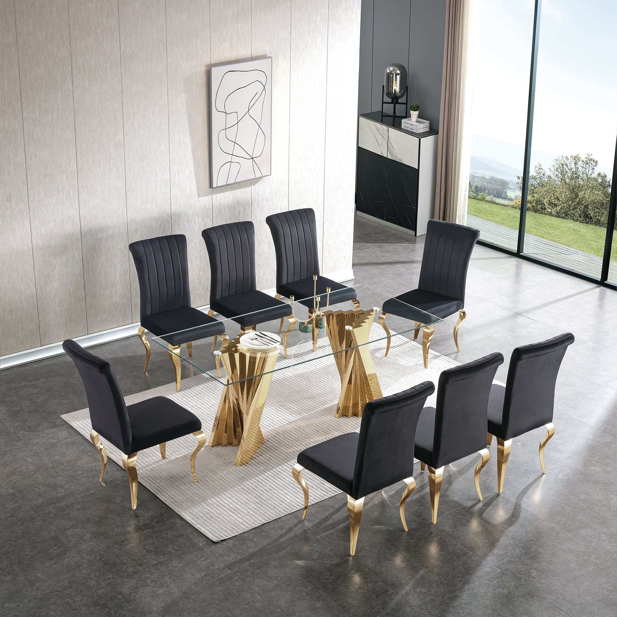 Tempered Glass Top Dining Table With Gold Mirror Finish Stainless Steel Base Gold Tempered Glass