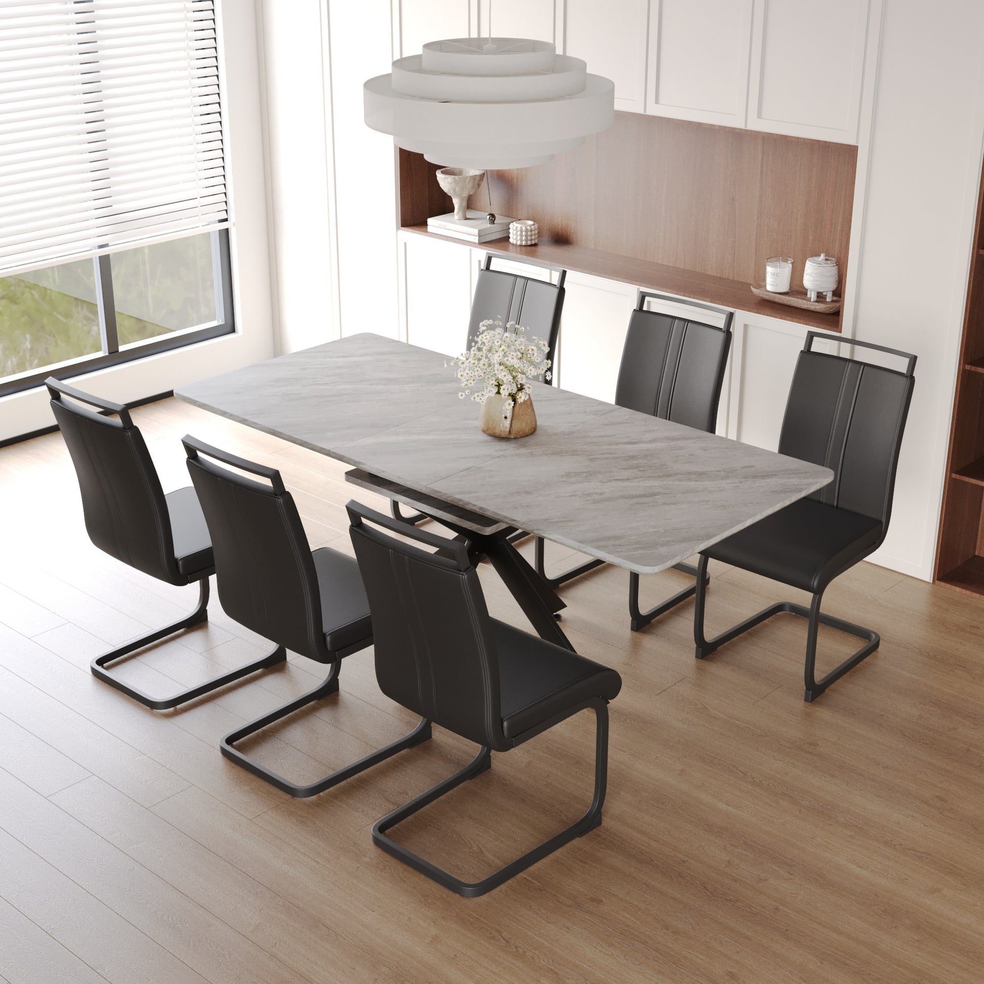 Scalable Dining Table Table Set For 6 8 Person For Dining Room,C Shaped Tube Soft Padded Armless Dining Chairs And Very Large Dining Room Table Kitchen Table Chair Set With Metal Legs Black Gray Mdf Metal