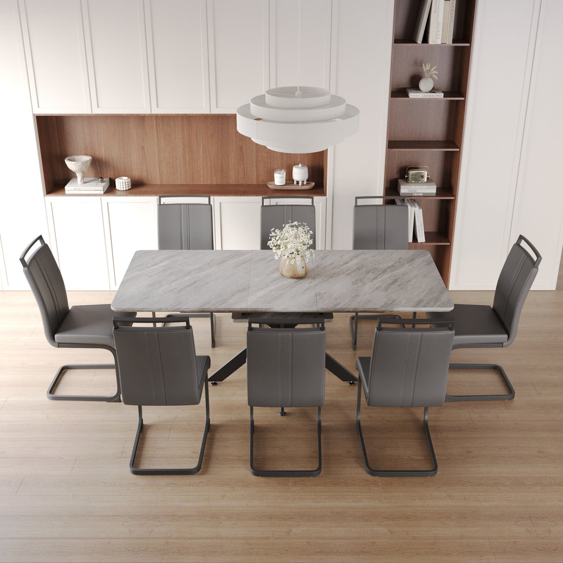 Scalable Dining Table Table Set For 6 8 Person For Dining Room,C Shaped Tube Soft Padded Armless Dining Chairs And Very Large Dining Room Table Kitchen Table Chair Set With Metal Legs Grey Mdf Metal