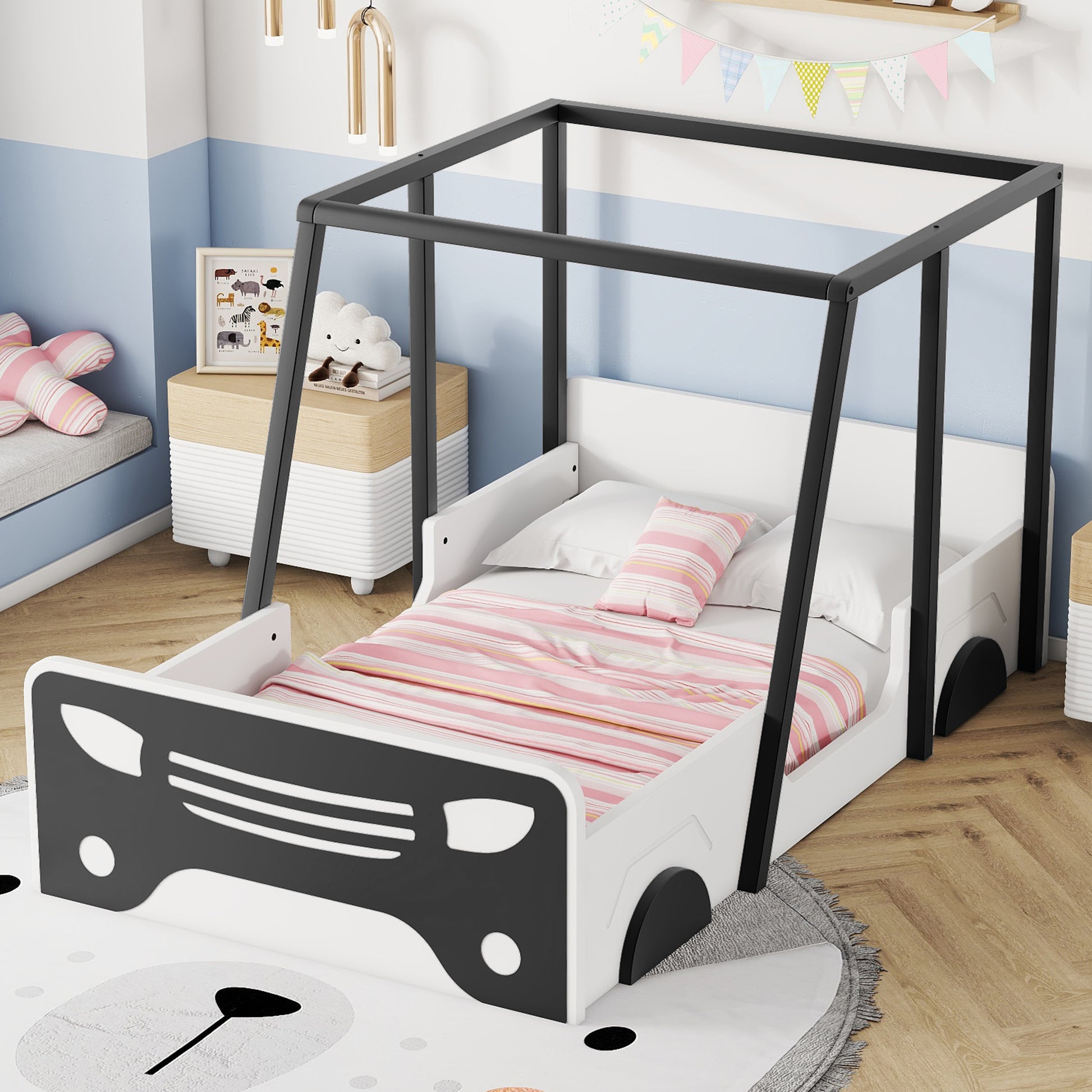 Twin Size Car Shaped Bed With Roof,Wooden Twin Floor Bed With Wheels And Door Design,Montessori Inspired Bedroom,Black Twin Black American Design Pine