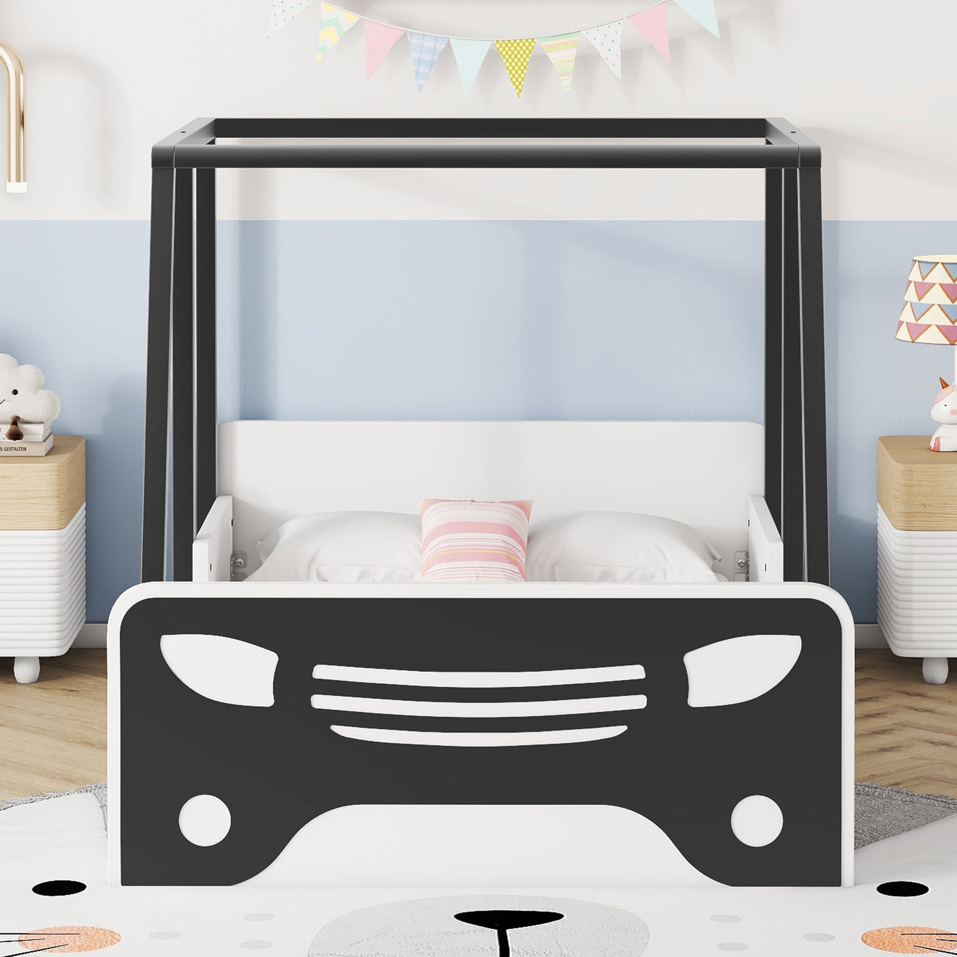 Twin Size Car Shaped Bed With Roof,Wooden Twin Floor Bed With Wheels And Door Design,Montessori Inspired Bedroom,Black Twin Black American Design Pine