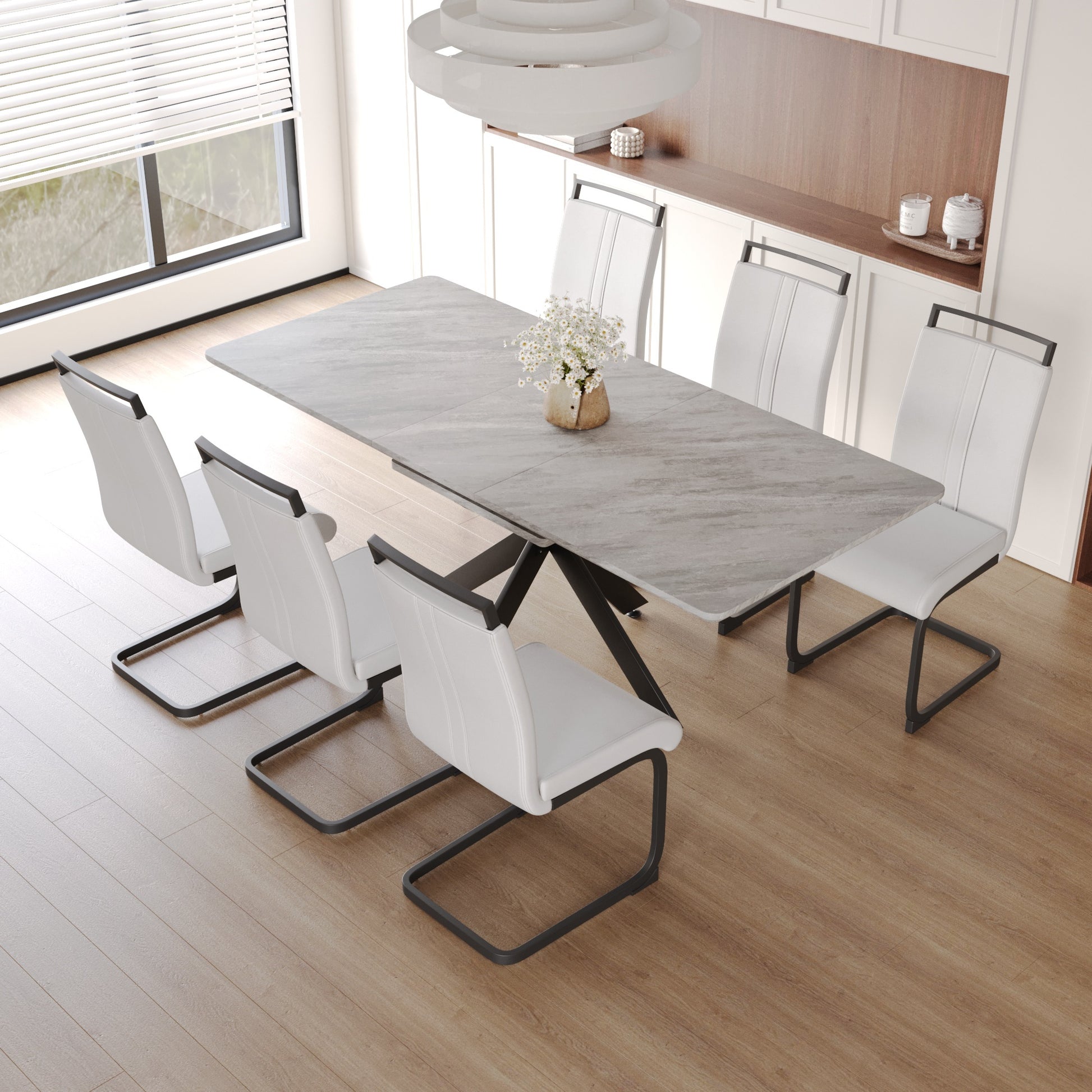 Scalable Dining Table Table Set For 6 8 Person For Dining Room,C Shaped Tube Soft Padded Armless Dining Chairs And Very Large Dining Room Table Kitchen Table Chair Set With Metal Legs Grey White Mdf Metal