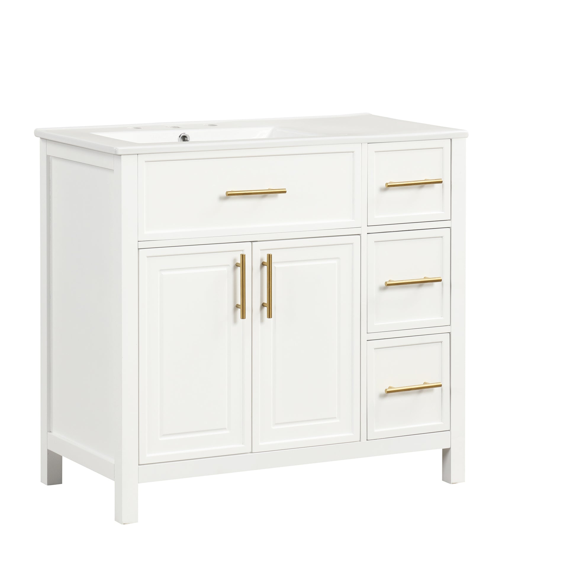 36" Bathroom Vanity With Sink Top, Bathroom Vanity Cabinet With Two Doors And Three Drawers, Solid Woodmdf Boards ,One Package, White White Solid Wood Mdf