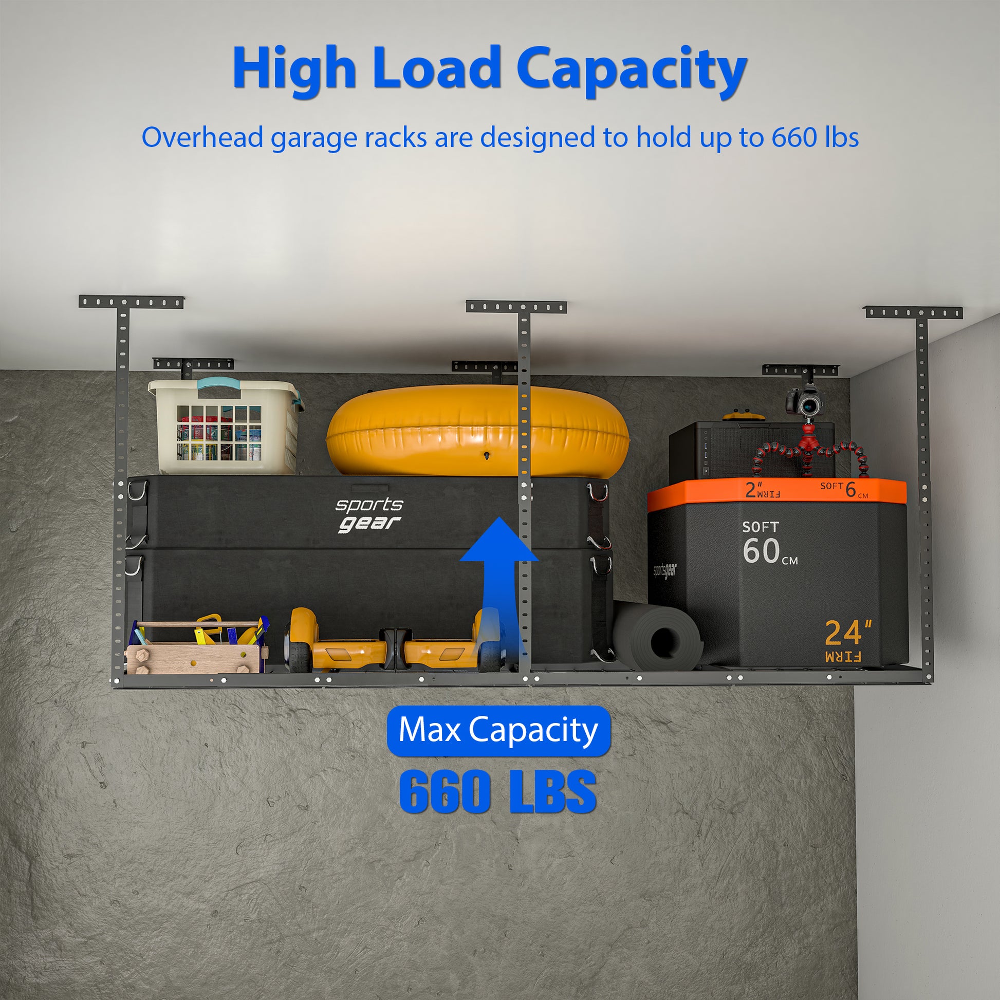 4X8Ft Overhead Garage Storage Rack,Adjustable Garage Storage Organization Systerm,Heavy Duty Metal Garage Ceiling Storage Racks,660Lbs Weight Capacity,Black Black Iron