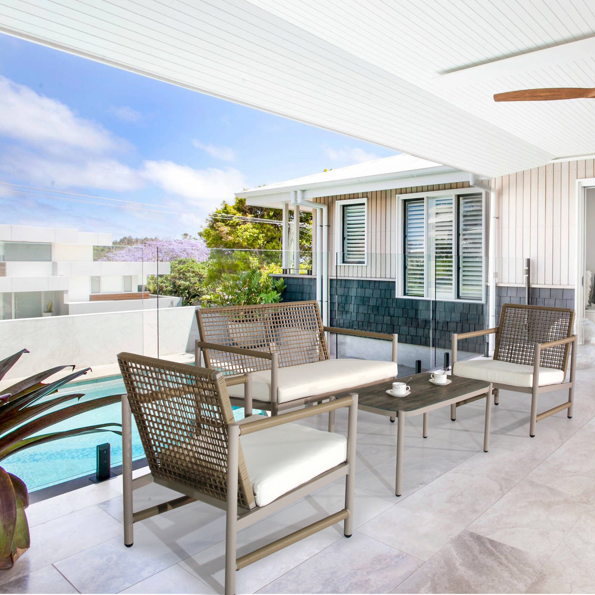 4 Pieces Patio Furniture Set, Pe Rattan Wicker 4 Pcs Outdoor Sofa Set W Washable Cushion And Tempered Glass Tabletop, Conversation Furniture For Garden Poolside Balcony Yes Complete Patio Set White Natural Garden & Outdoor Artsy Complete Patio Sets