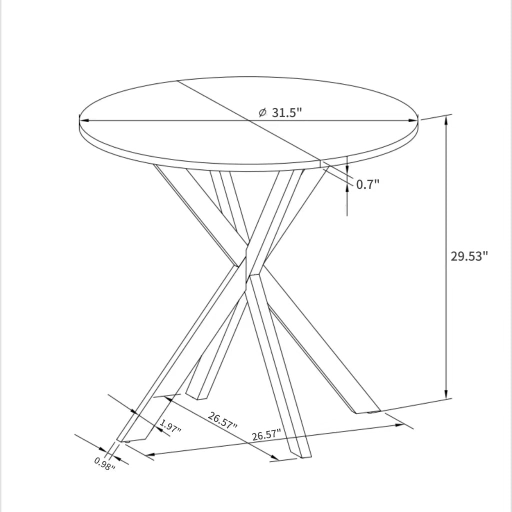 31.5'' Modern Cross Leg Round Dining Table, White Marble Top Occasional Table, Two Piece Removable Top, Matte Finish Iron Legs White Mdf Metal