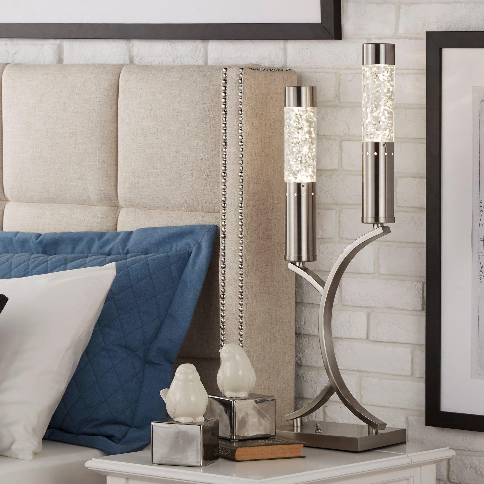 Luxurious Table Lamp 1Pc Satin Nickel Finish Metal Sparkling Decorative Designer Home Decor Table Lamp 2 Water Dancing Lights Nickel Table&Floor Lamps Luxury,Modern,Ultra Modern Metal