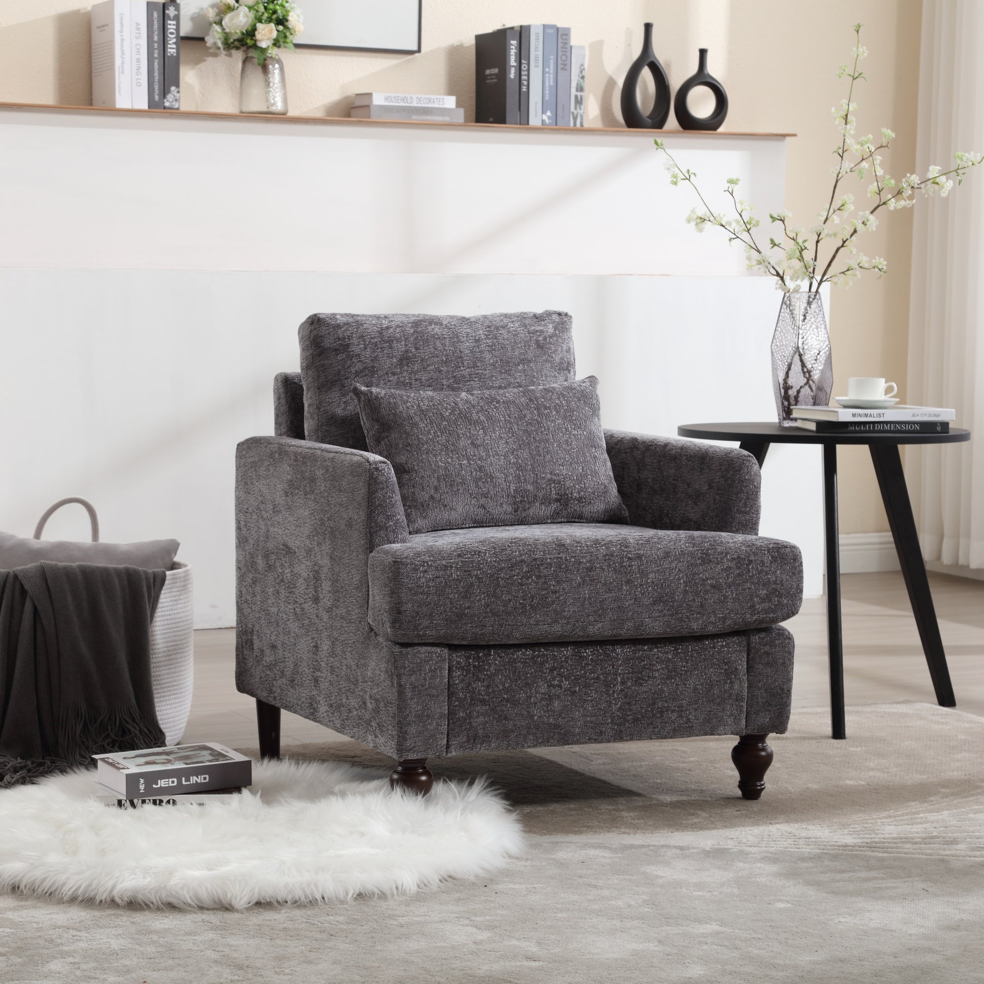 Coolmore Wood Frame Armchair, Modern Accent Chair Lounge Chair For Living Room,Tufted Club Chair, Mid Century Modern Arm Chairs With Studded, Solid Wood Frame, For Bedroom, Reading Gray Chenille Gray Chenille 1 Seat