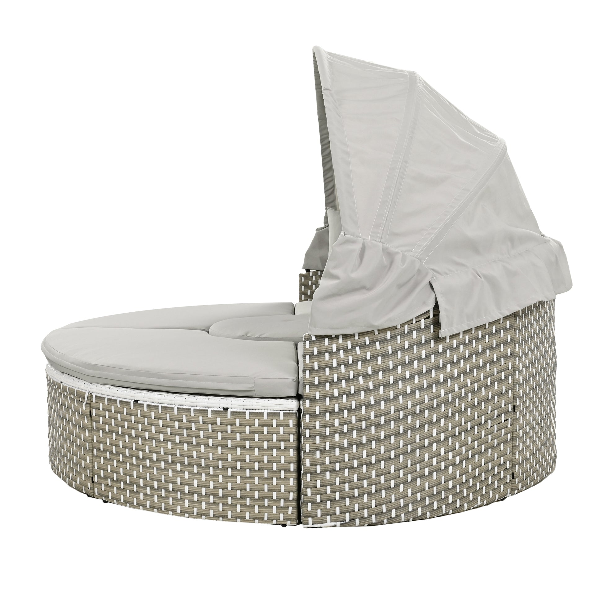 Patio Furniture Round Outdoor Sectional Sofa Set Rattan Daybed Two Tone Weave Sunbed With Retractable Canopy, Separate Seating And Removable Cushion, Gray Yes Sectional Gray Weather Resistant Frame Water Resistant Cushion Garden & Outdoor Luxury