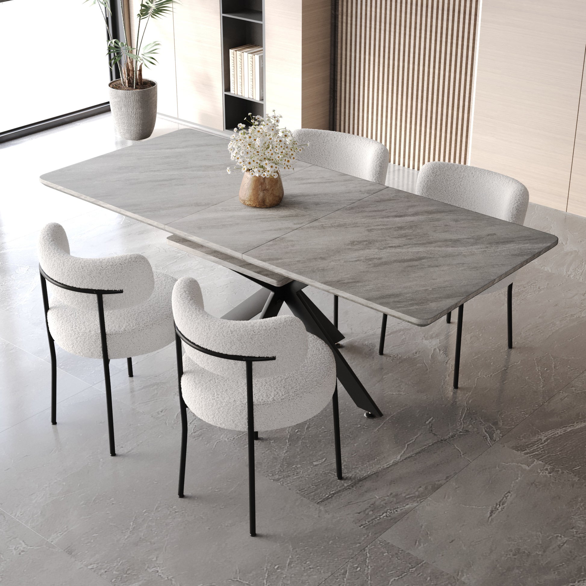 Extendable Dining Table Table Set For 4 8 Person For Dining Room,Curved Backrest Round Upholstered Soft Padded Armless Dining Chairs And Very Large Dining Room Table Kitchen Table Chair Set Grey White Mdf Metal