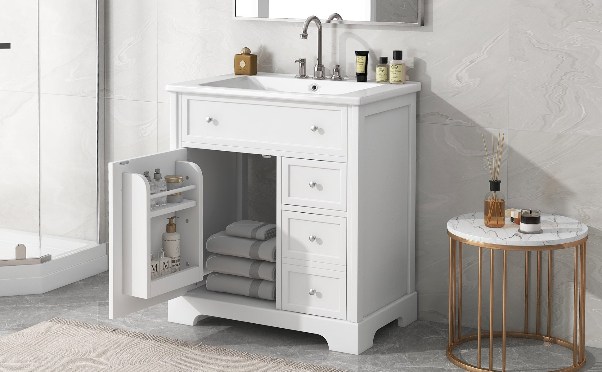 30" Bathroom Vanity With Sink Top, Bathroom Vanity Cabinet With Door And Two Drawers, Mdf Boards, Solid Wood, One Package, White White Solid Wood Mdf