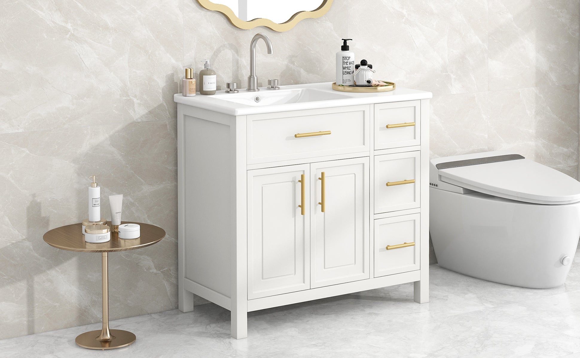 36" Bathroom Vanity With Sink Top, Bathroom Vanity Cabinet With Two Doors And Three Drawers, Solid Woodmdf Boards ,One Package, White White Solid Wood Mdf