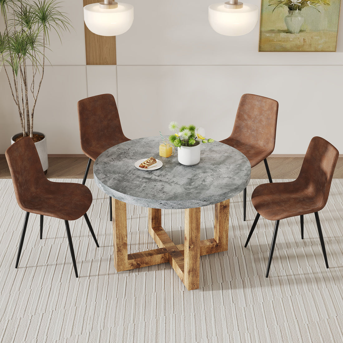 A Modern And Practical Circular Dining Table. Made Of Mdf Tabletop And Wooden Mdf Table Legs.A Set Of 4 Brown Cushioned Chairs In A Modern Medieval Style Restaurant. Ct 403B0502A Natural Wood Mdf