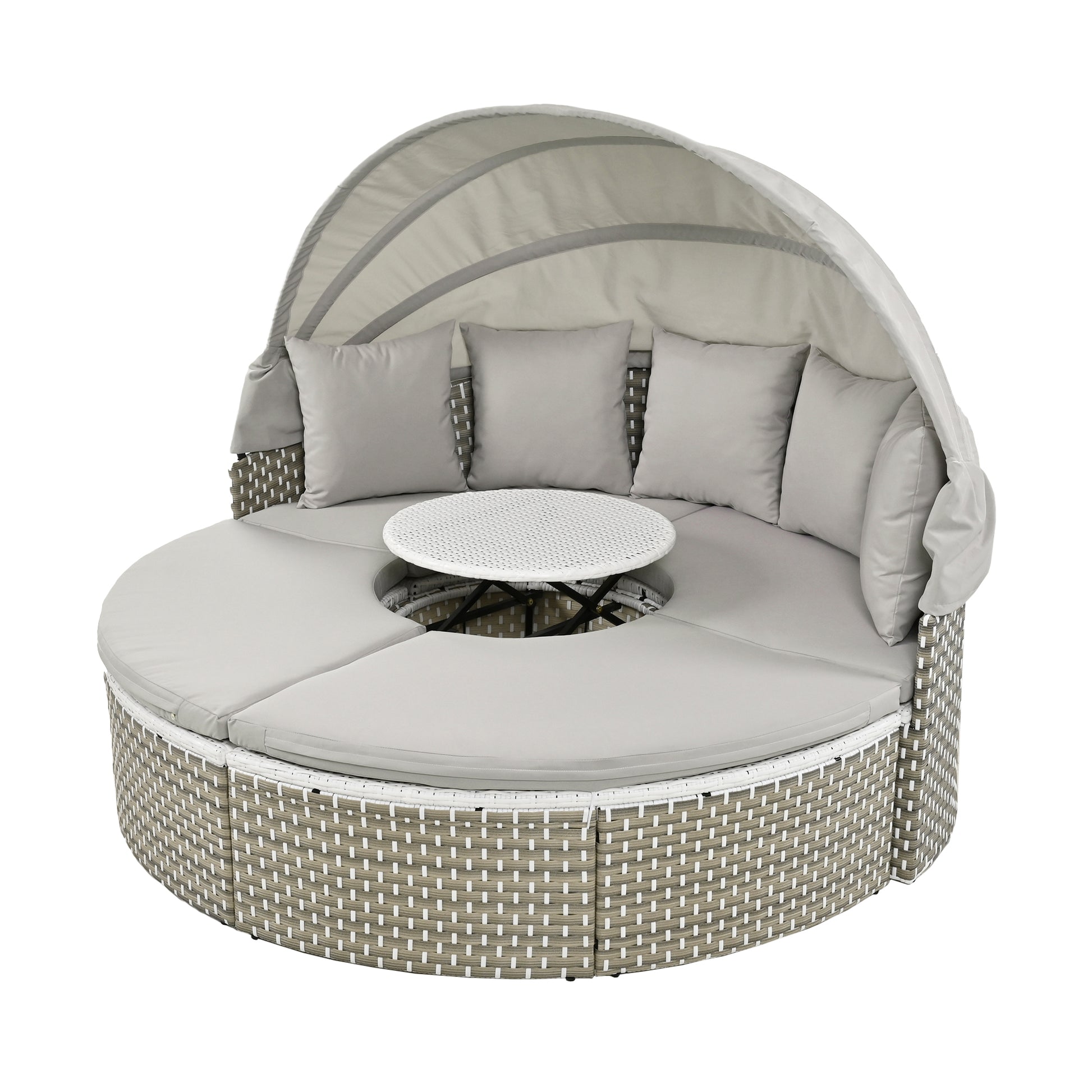 Patio Furniture Round Outdoor Sectional Sofa Set Rattan Daybed Two Tone Weave Sunbed With Retractable Canopy, Separate Seating And Removable Cushion, Gray Yes Sectional Gray Weather Resistant Frame Water Resistant Cushion Garden & Outdoor Luxury