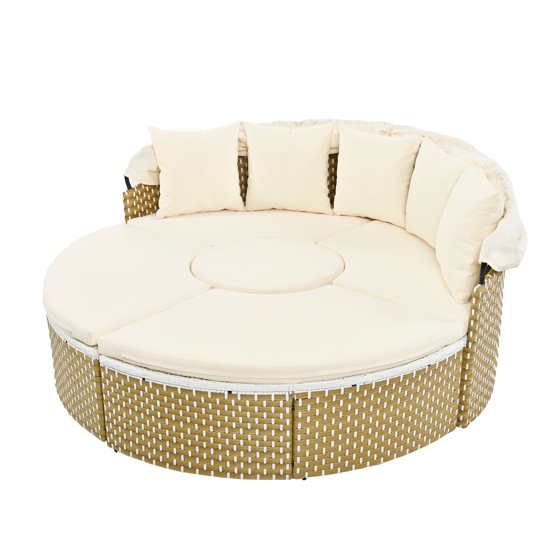 Patio Furniture Round Outdoor Sectional Sofa Set Rattan Daybed Two Tone Weave Sunbed With Retractable Canopy, Separate Seating And Removable Cushion, Beige Yes Sectional Beige Weather Resistant Frame Water Resistant Cushion Garden & Outdoor Luxury