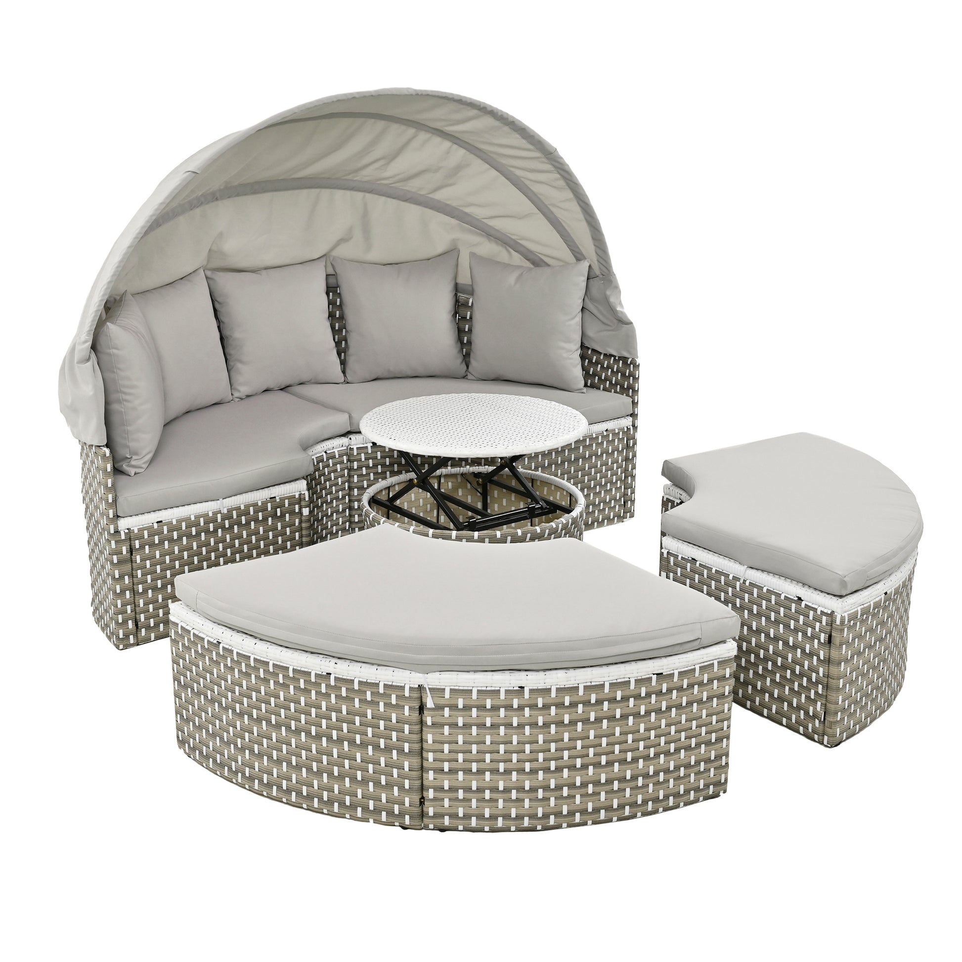 Patio Furniture Round Outdoor Sectional Sofa Set Rattan Daybed Two Tone Weave Sunbed With Retractable Canopy, Separate Seating And Removable Cushion, Gray Yes Sectional Gray Weather Resistant Frame Water Resistant Cushion Garden & Outdoor Luxury