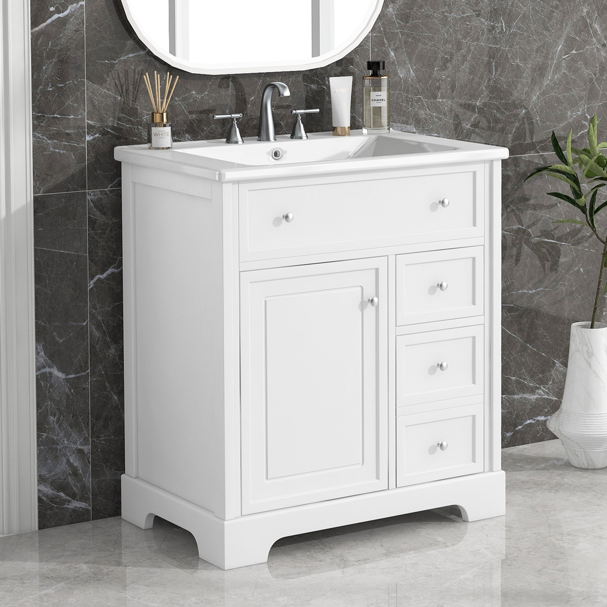 30" Bathroom Vanity With Sink Top, Bathroom Vanity Cabinet With Door And Two Drawers, Mdf Boards, Solid Wood, One Package, White White Solid Wood Mdf