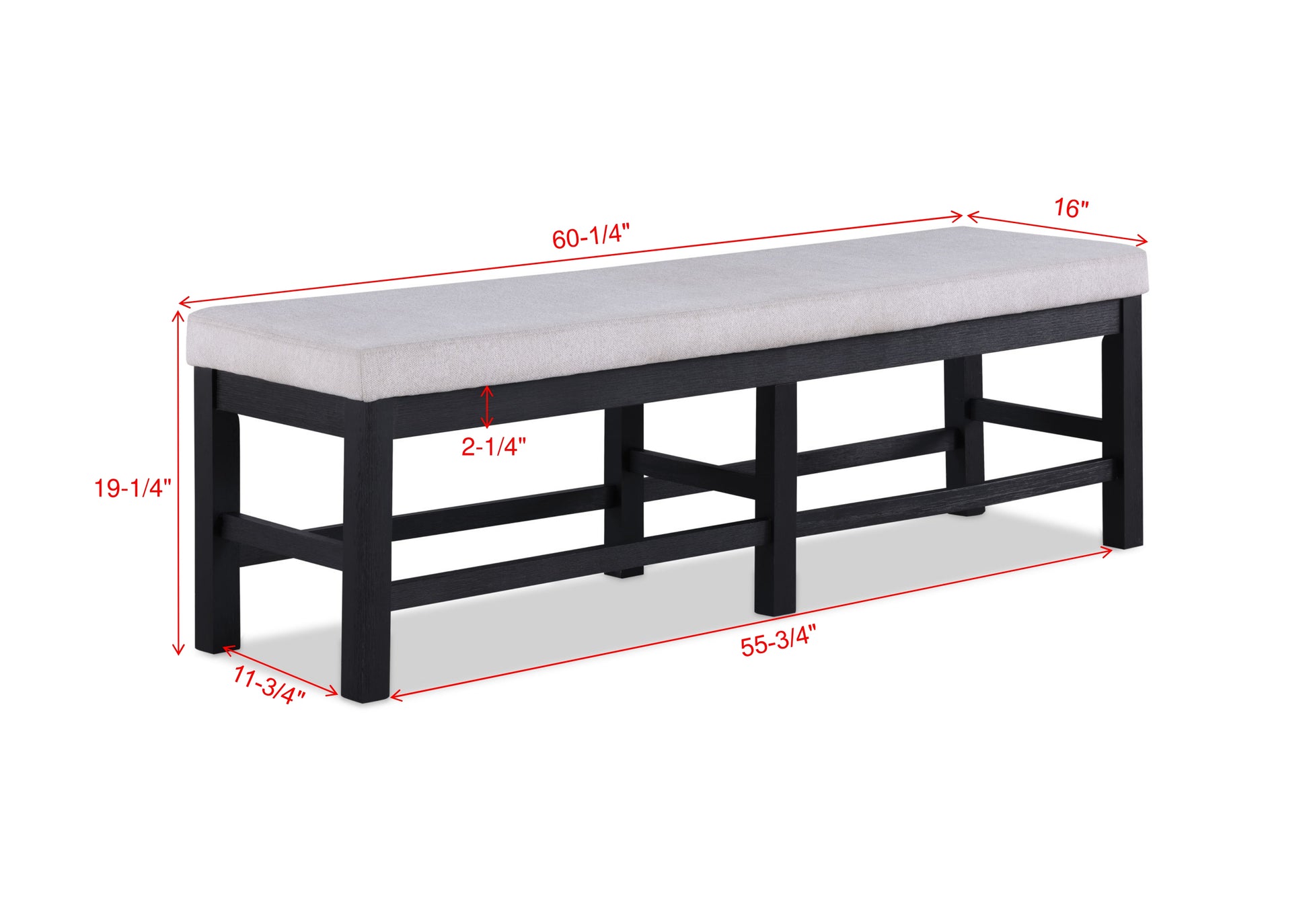 1Pc Black Finish Standard Height Long Bench Gray Fabric Upholstered Seat Contemporary Transitional Style Dining Room Wooden Furniture Black Dining Room Rectangular Grey Transitional Wood