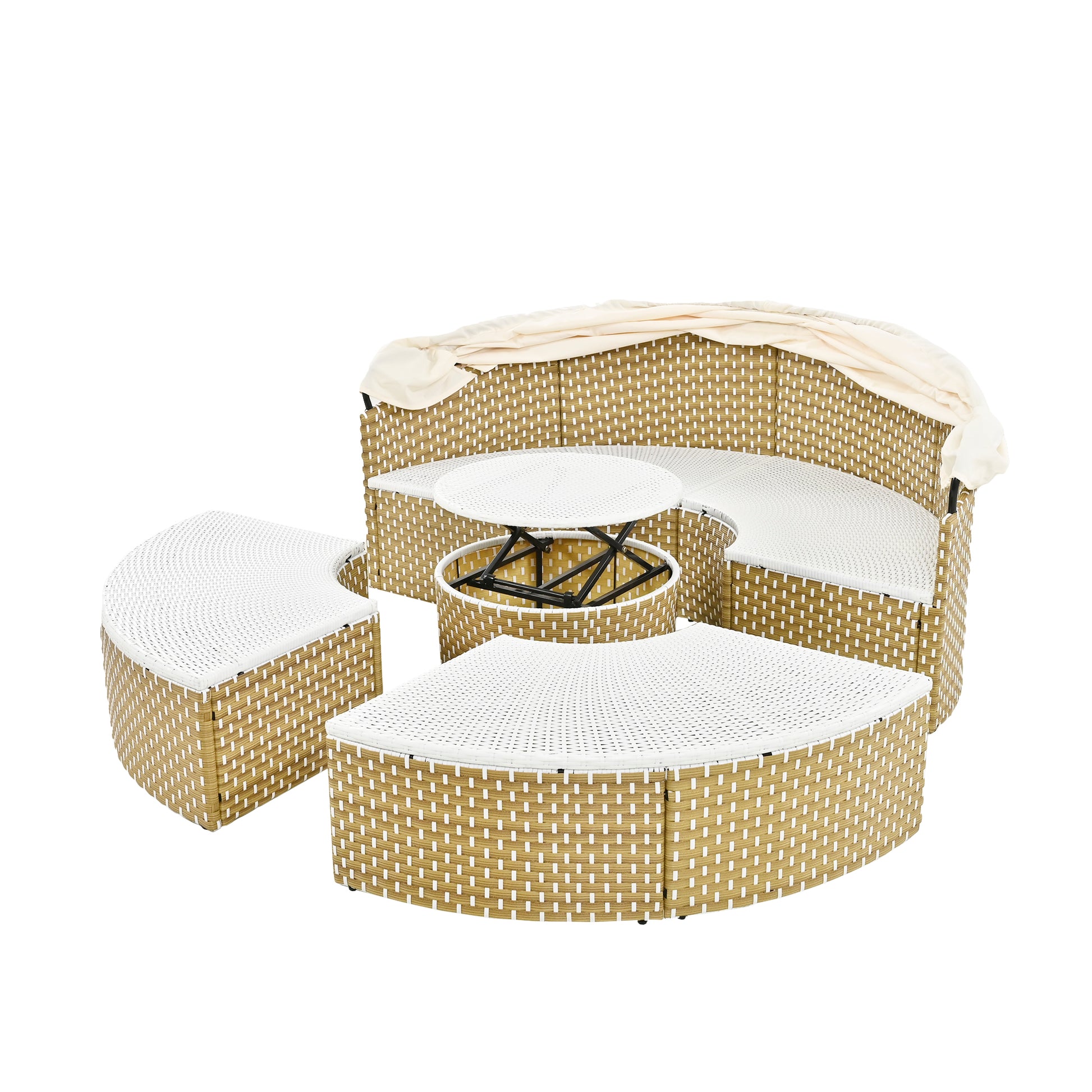 Patio Furniture Round Outdoor Sectional Sofa Set Rattan Daybed Two Tone Weave Sunbed With Retractable Canopy, Separate Seating And Removable Cushion, Beige Yes Sectional Beige Weather Resistant Frame Water Resistant Cushion Garden & Outdoor Luxury