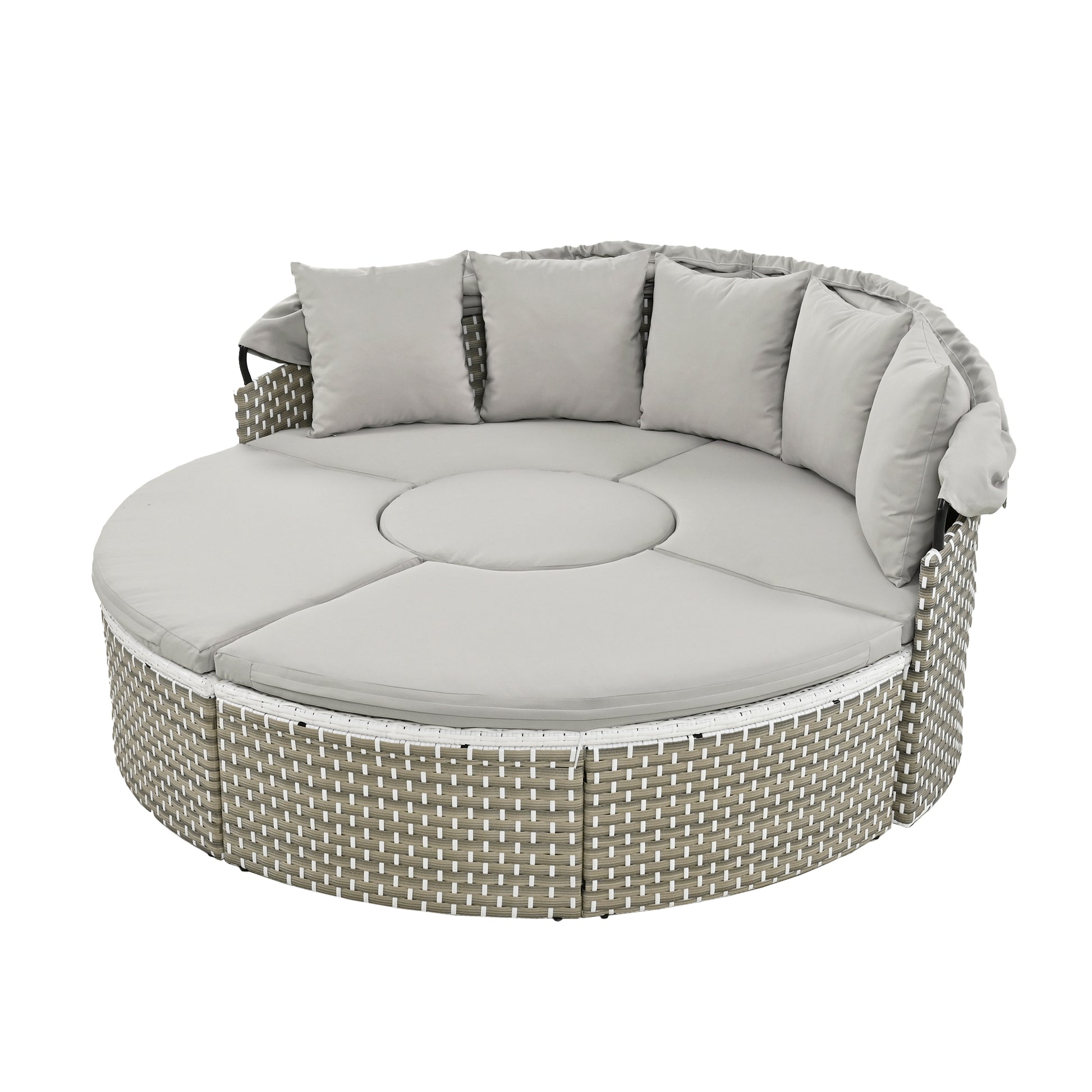 Patio Furniture Round Outdoor Sectional Sofa Set Rattan Daybed Two Tone Weave Sunbed With Retractable Canopy, Separate Seating And Removable Cushion, Gray Yes Sectional Gray Weather Resistant Frame Water Resistant Cushion Garden & Outdoor Luxury