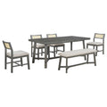 6 Piece Retro Farmhouse Style Dining Set, Rectangular Table And 4 Upholstered Chairs With Rattan And Bench For Dining Room And Kitchen Gray Gray Solid Wood Mdf