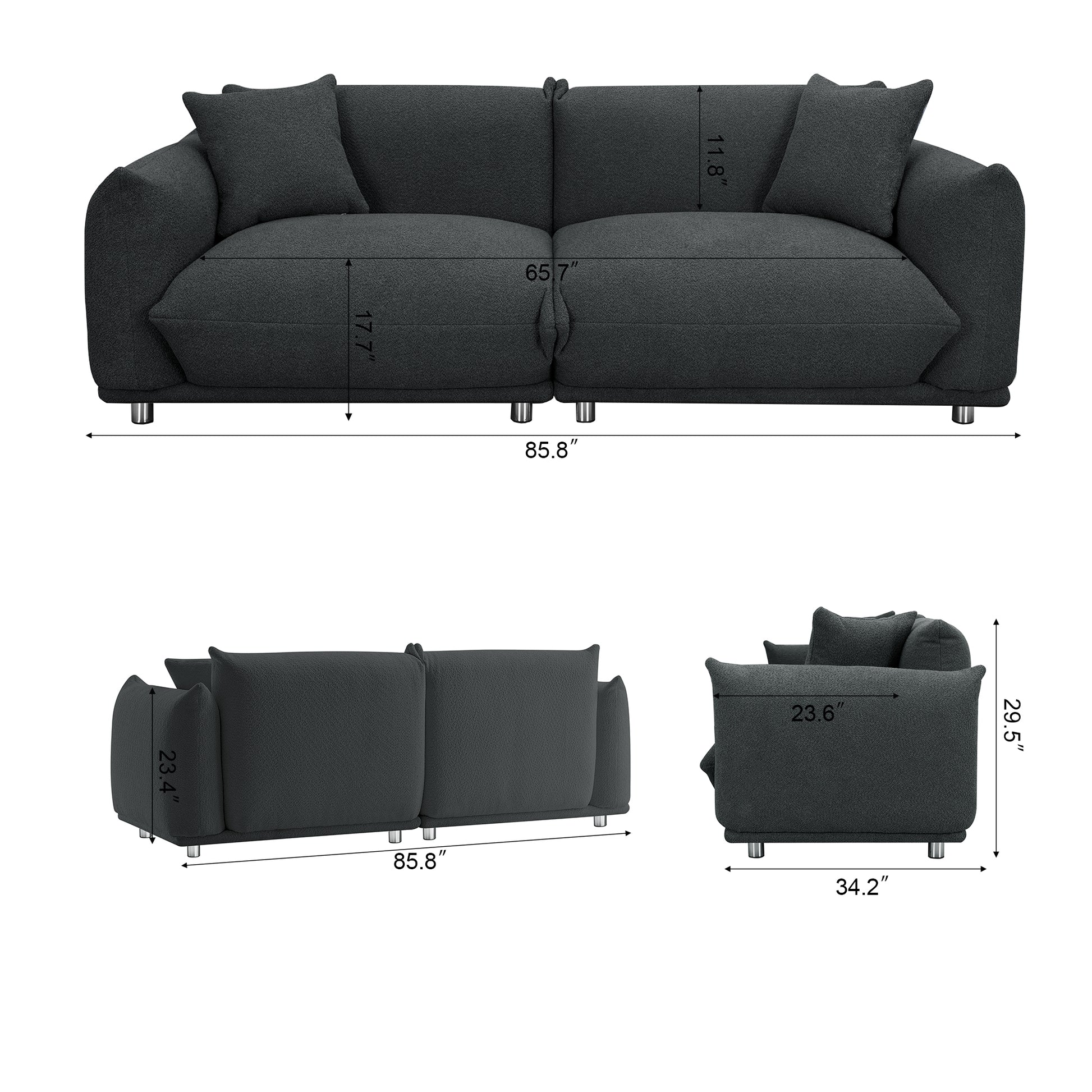 3 1 Oversized Loveseat Sofa For Living Room, Sherpa Sofa With Metal Legs, 3 Seater Sofa, Solid Wood Frame Couch With 2 Pillows, For Apartment Office Living Room Dark Grey Black Foam Fabric 4 Seat