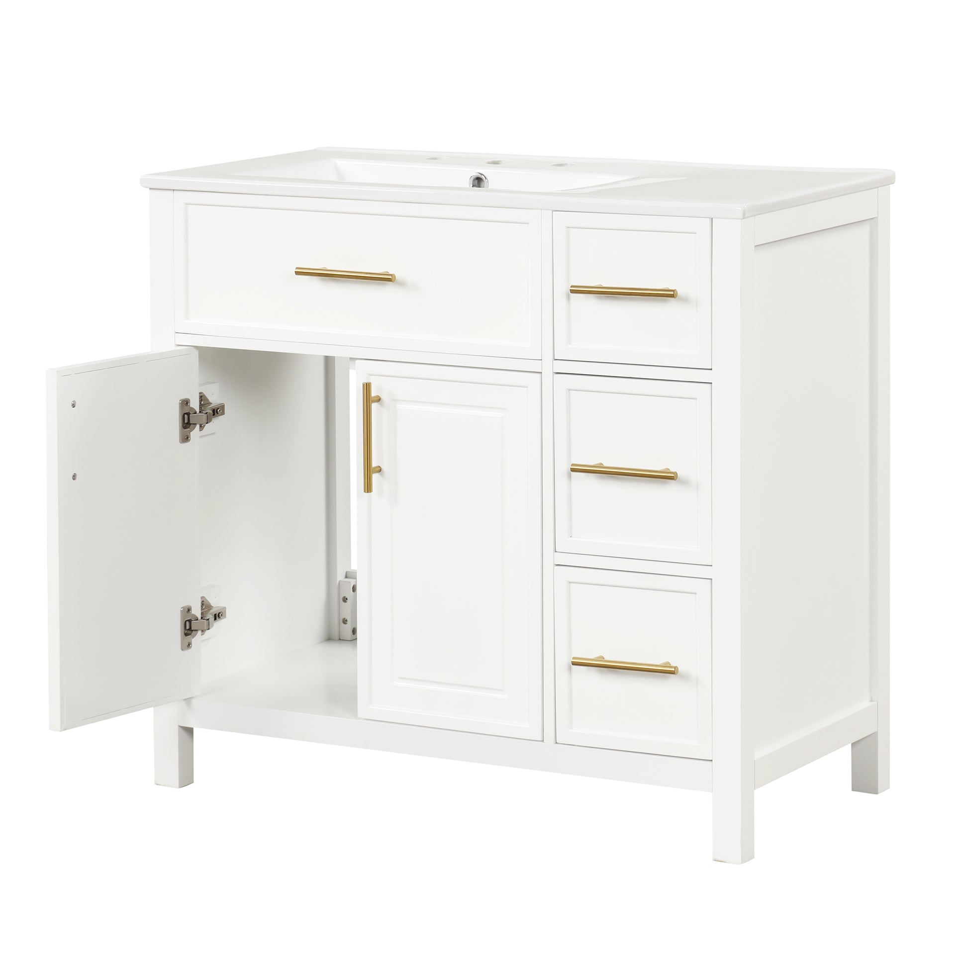 36" Bathroom Vanity With Sink Top, Bathroom Vanity Cabinet With Two Doors And Three Drawers, Solid Woodmdf Boards ,One Package, White White Solid Wood Mdf