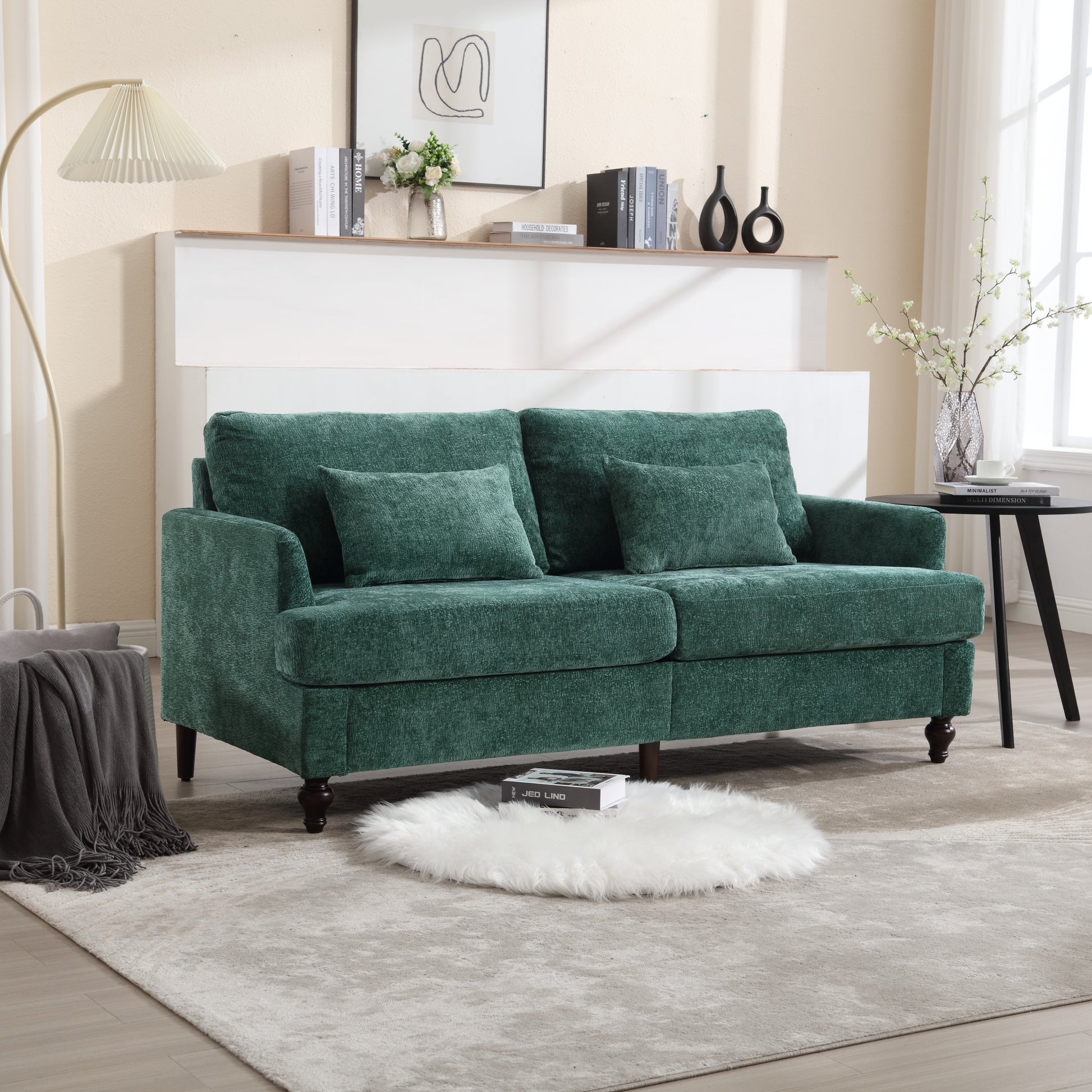 Coolmore Mid Century Modern Chenille Fabric Loveseat Sofa, 2 Seat Upholstered Loveseat Sofa Modern Couch For Living Room,Brown Wood Feet Sofa For Bedroom, Reading Emerald Chenille Emerald Chenille 2 Seat