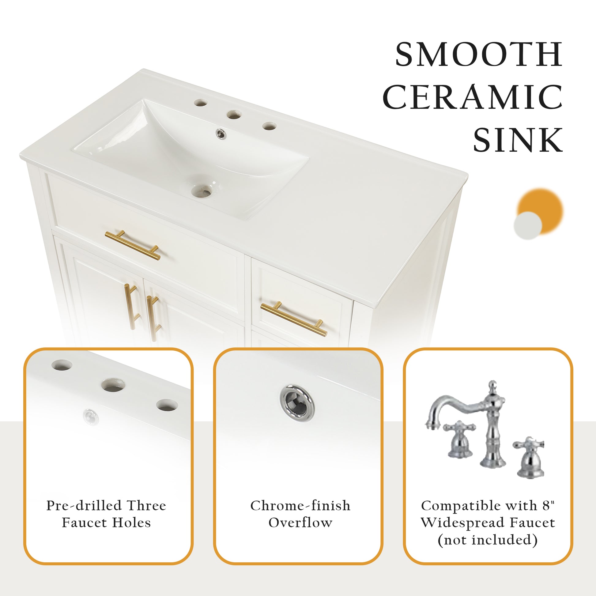 36" Bathroom Vanity With Sink Top, Bathroom Vanity Cabinet With Two Doors And Three Drawers, Solid Woodmdf Boards ,One Package, White White Solid Wood Mdf