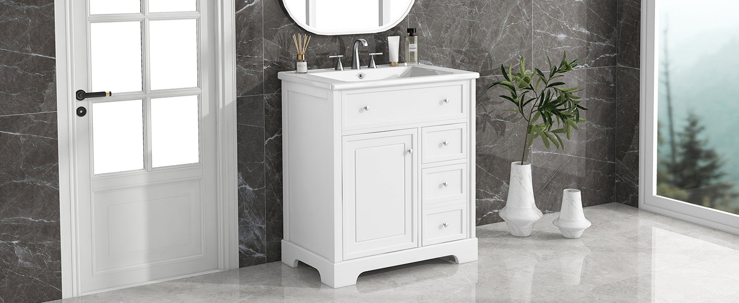30" Bathroom Vanity With Sink Top, Bathroom Vanity Cabinet With Door And Two Drawers, Mdf Boards, Solid Wood, One Package, White White Solid Wood Mdf