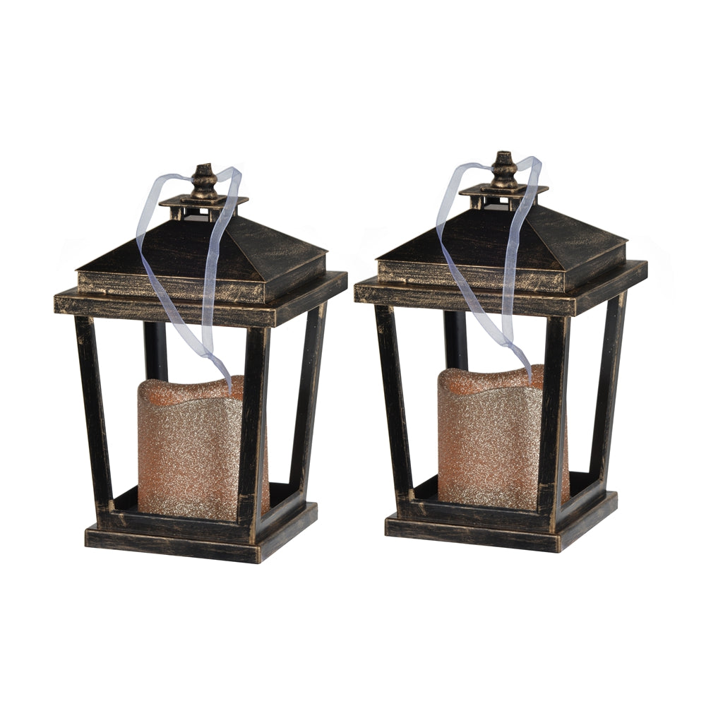 Set Of 2 Menifee Lantern With Led Candle, Short 5X5X8.5" Bronze Antique,Contemporary,Modern Plastic