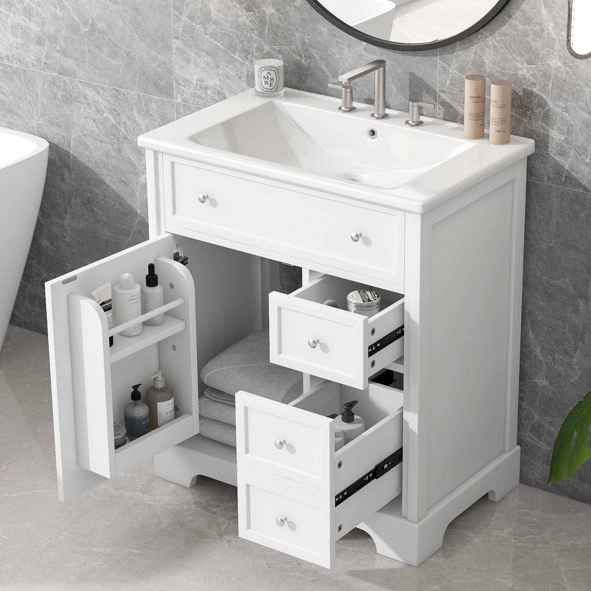 30" Bathroom Vanity With Sink Top, Bathroom Vanity Cabinet With Door And Two Drawers, Mdf Boards, Solid Wood, One Package, White White Solid Wood Mdf