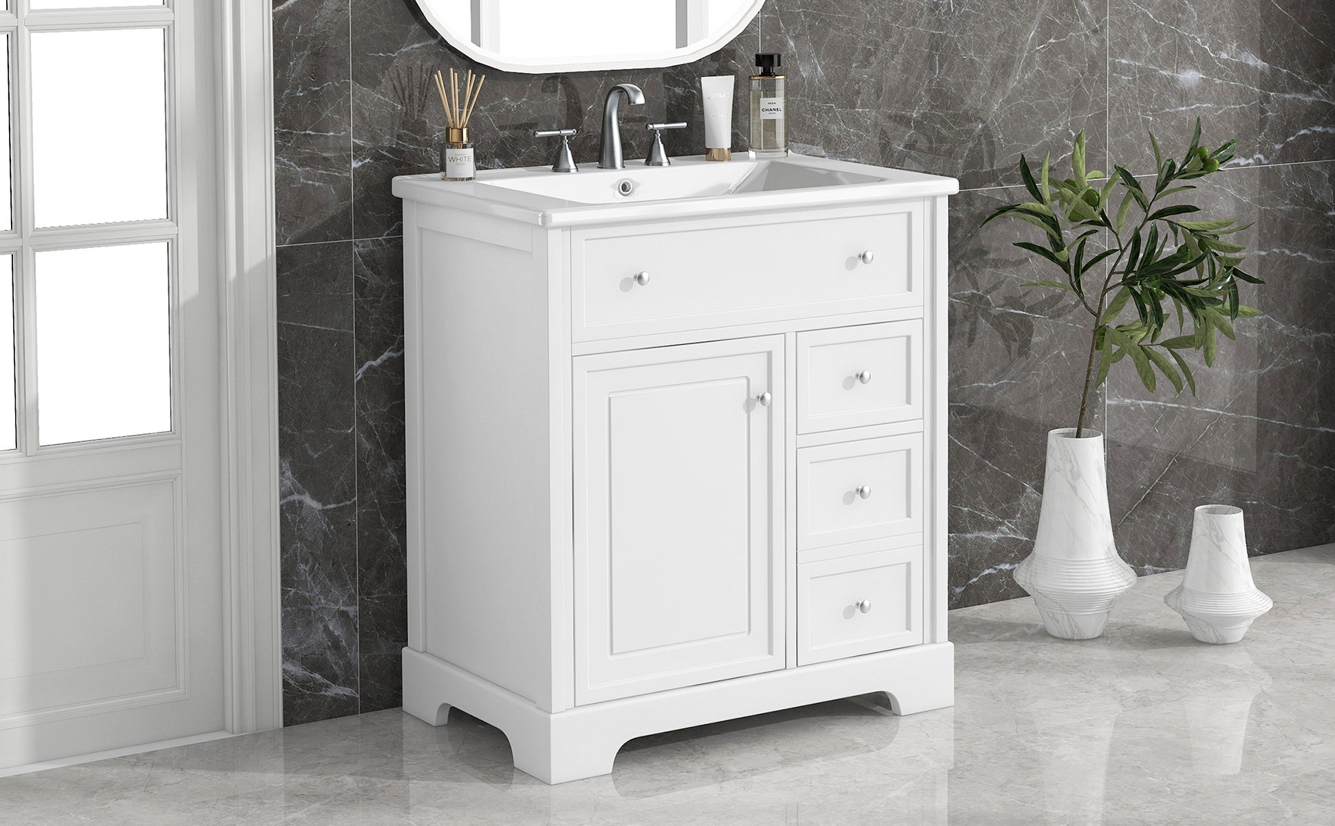 30" Bathroom Vanity With Sink Top, Bathroom Vanity Cabinet With Door And Two Drawers, Mdf Boards, Solid Wood, One Package, White White Solid Wood Mdf