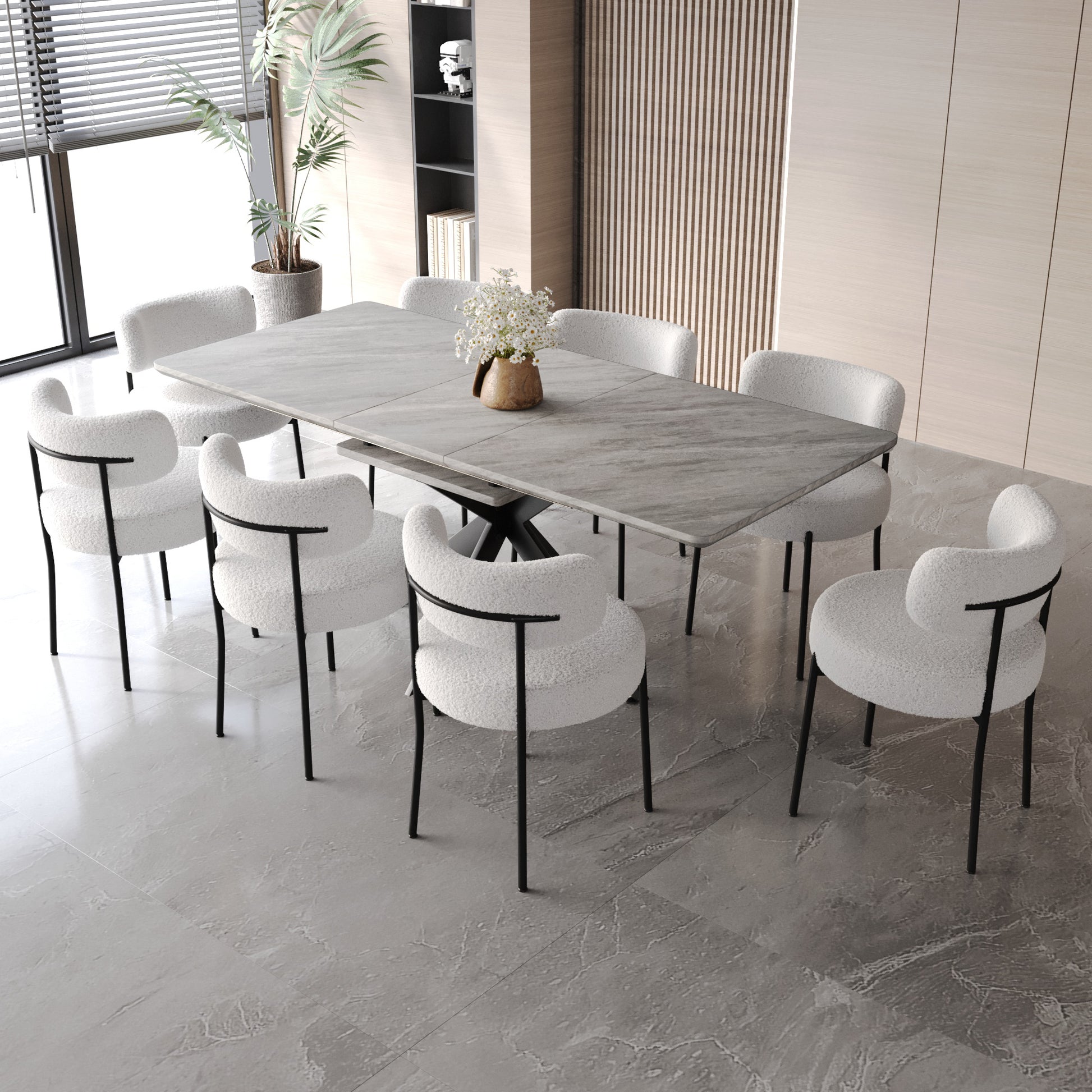 Extendable Dining Table Table Set For 4 8 Person For Dining Room,Curved Backrest Round Upholstered Soft Padded Armless Dining Chairs And Very Large Dining Room Table Kitchen Table Chair Set Grey White Mdf Metal