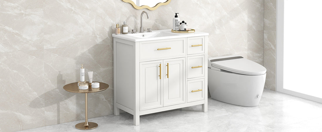 36" Bathroom Vanity With Sink Top, Bathroom Vanity Cabinet With Two Doors And Three Drawers, Solid Woodmdf Boards ,One Package, White White Solid Wood Mdf
