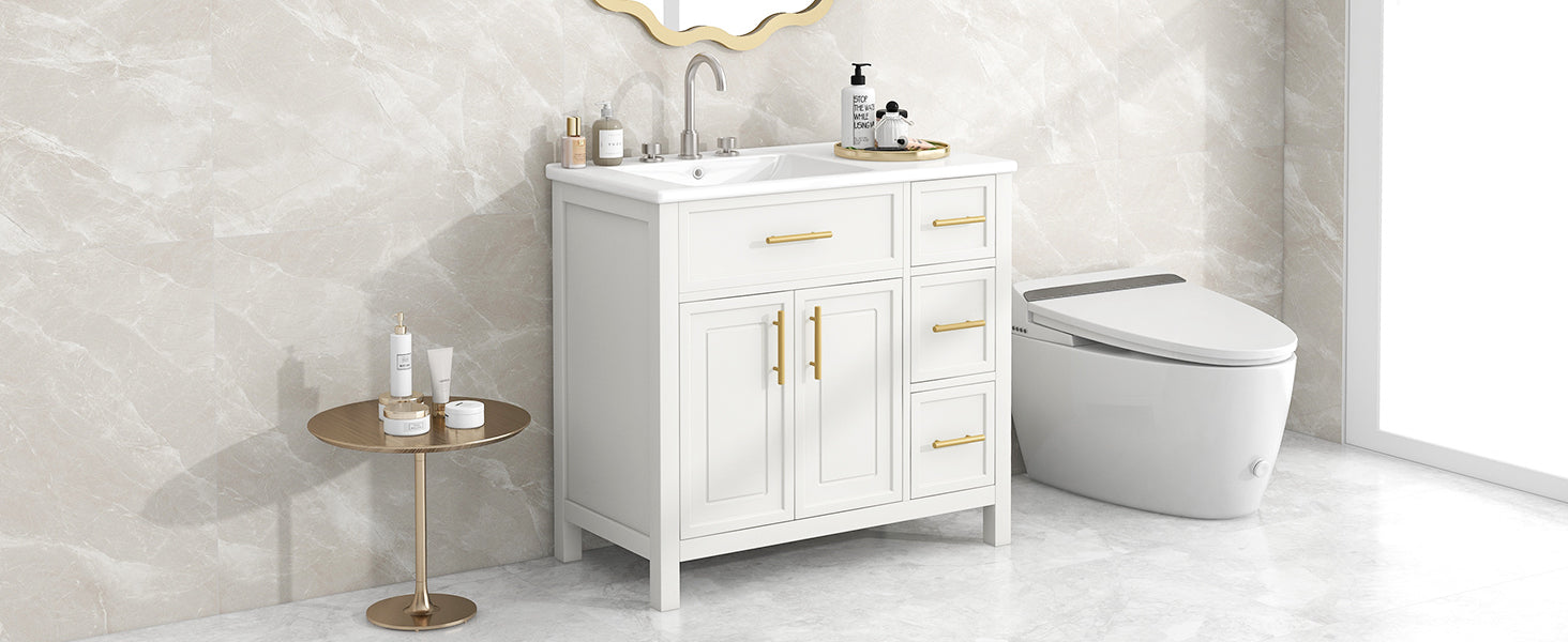 36" Bathroom Vanity With Sink Top, Bathroom Vanity Cabinet With Two Doors And Three Drawers, Solid Woodmdf Boards ,One Package, White White Solid Wood Mdf