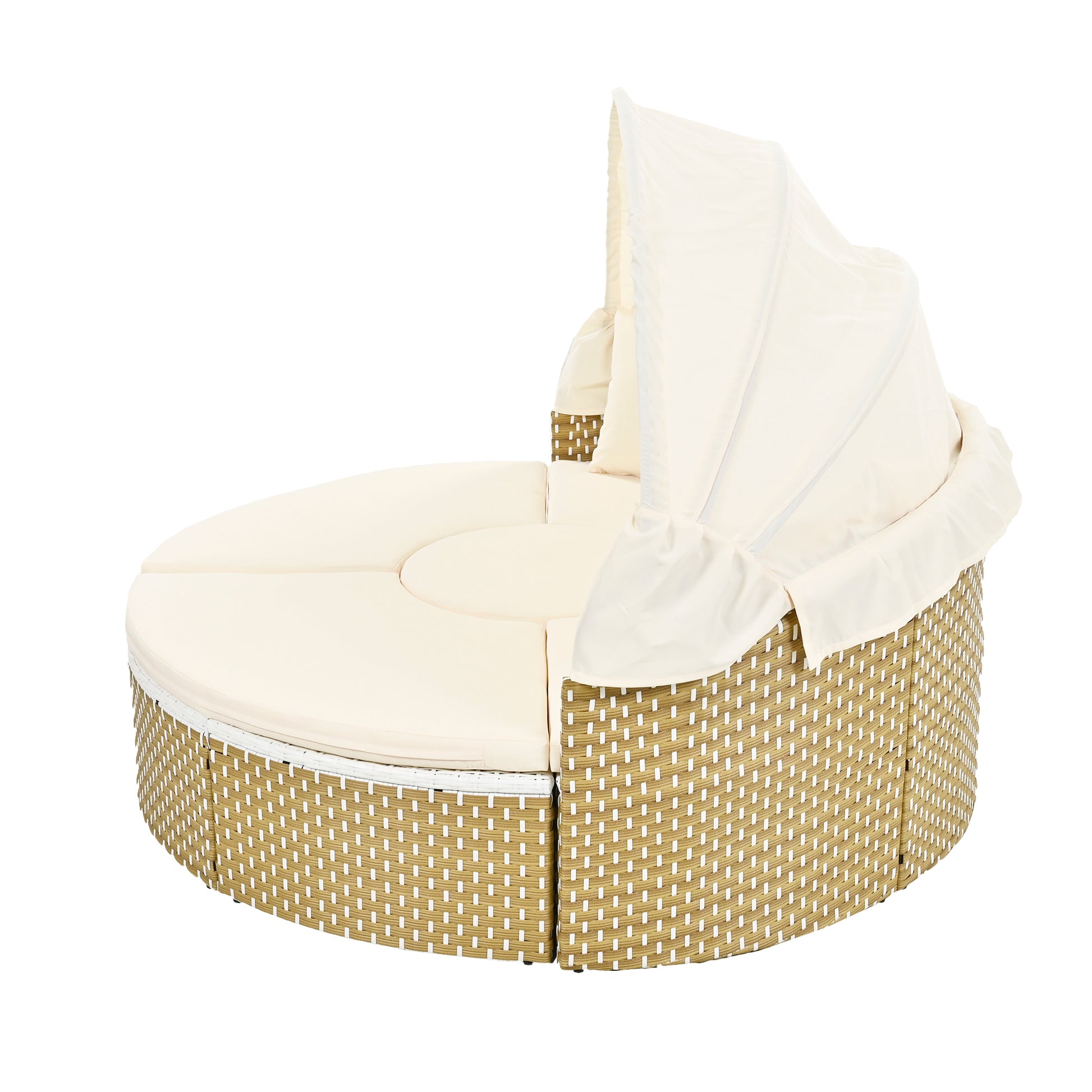 Patio Furniture Round Outdoor Sectional Sofa Set Rattan Daybed Two Tone Weave Sunbed With Retractable Canopy, Separate Seating And Removable Cushion, Beige Yes Sectional Beige Weather Resistant Frame Water Resistant Cushion Garden & Outdoor Luxury