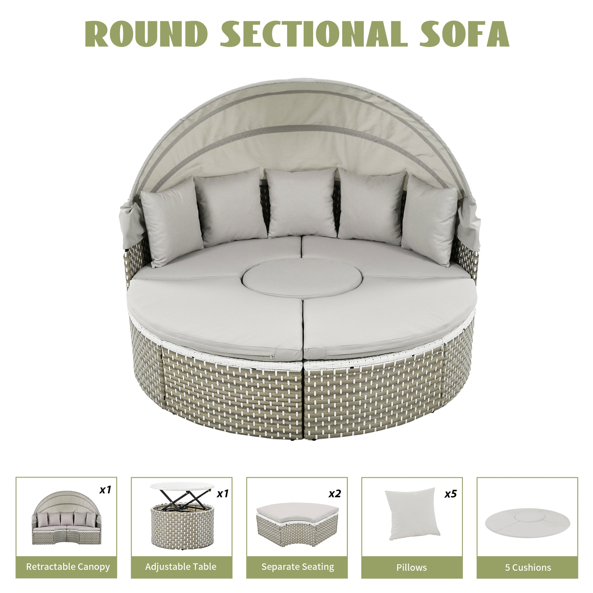 Patio Furniture Round Outdoor Sectional Sofa Set Rattan Daybed Two Tone Weave Sunbed With Retractable Canopy, Separate Seating And Removable Cushion, Gray Yes Sectional Gray Weather Resistant Frame Water Resistant Cushion Garden & Outdoor Luxury