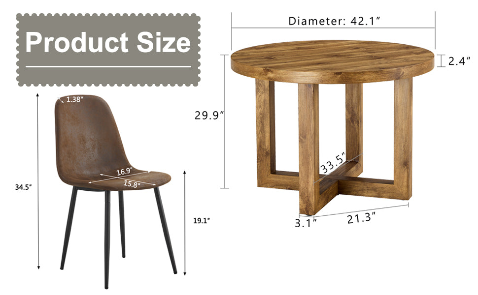 A Modern And Practical Circular Dining Table. Made Of Mdf Tabletop And Wooden Mdf Table Legs. A Set Of 6 Brown Cushioned Chairs.Ct B0501A Natural Wood Mdf