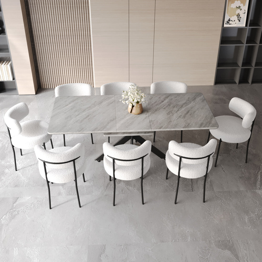 Extendable Dining Table Table Set For 4 8 Person For Dining Room,Curved Backrest Round Upholstered Soft Padded Armless Dining Chairs And Very Large Dining Room Table Kitchen Table Chair Set Grey White Mdf Metal