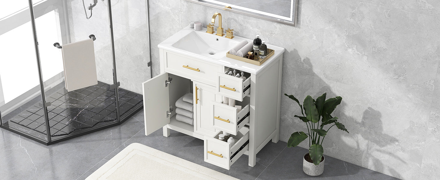 36" Bathroom Vanity With Sink Top, Bathroom Vanity Cabinet With Two Doors And Three Drawers, Solid Woodmdf Boards ,One Package, White White Solid Wood Mdf